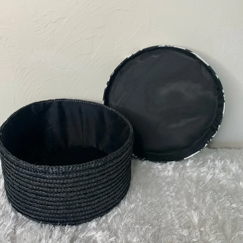 Black Straw Basket Floral Fabric Covered Lid 11 x5